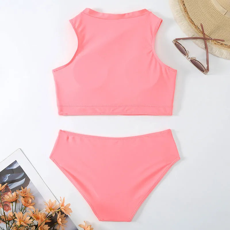Pink high waist split bikini swimsuit with brief style and sleeveless design