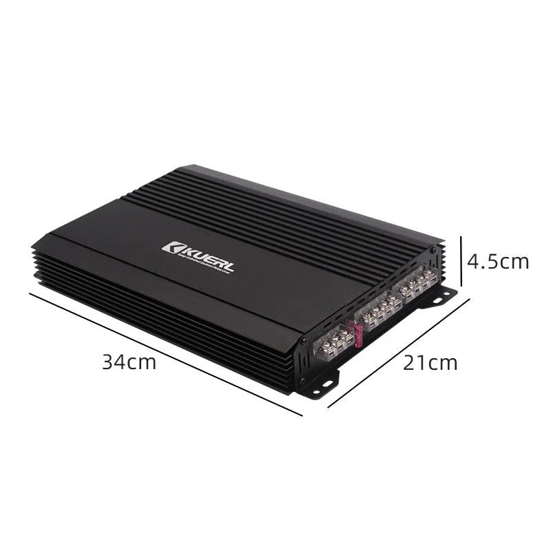Black K-452 four-channel 12V car amplifier with aluminium alloy casing and power output of 4x75W