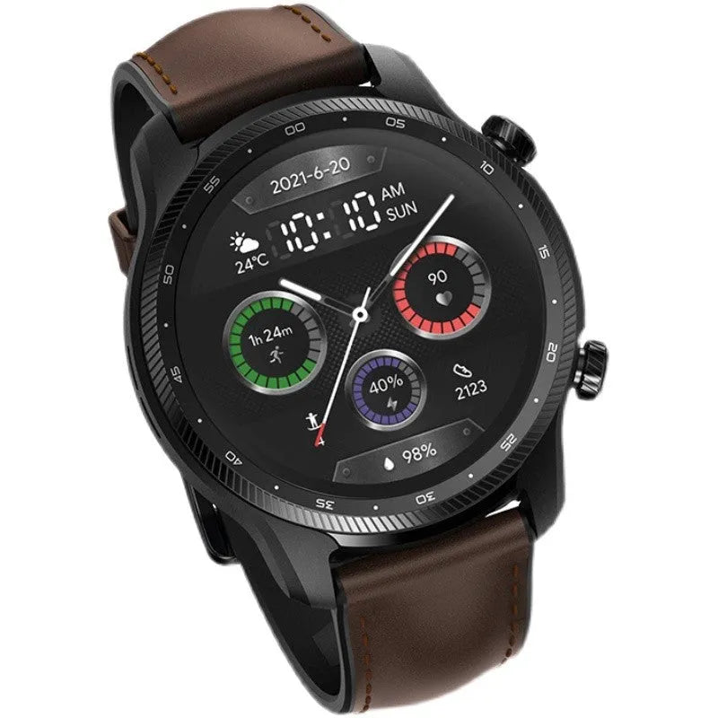 Ticwatch Pro X 47mm black smart watch with circular display on wrist