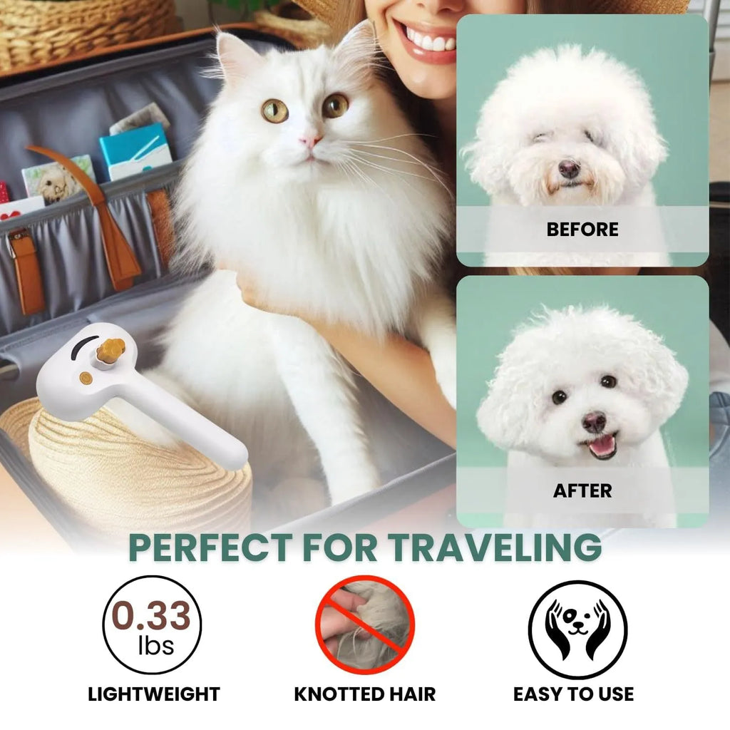 White pet grooming brush with steel teeth and built-in water tank for steam mist function