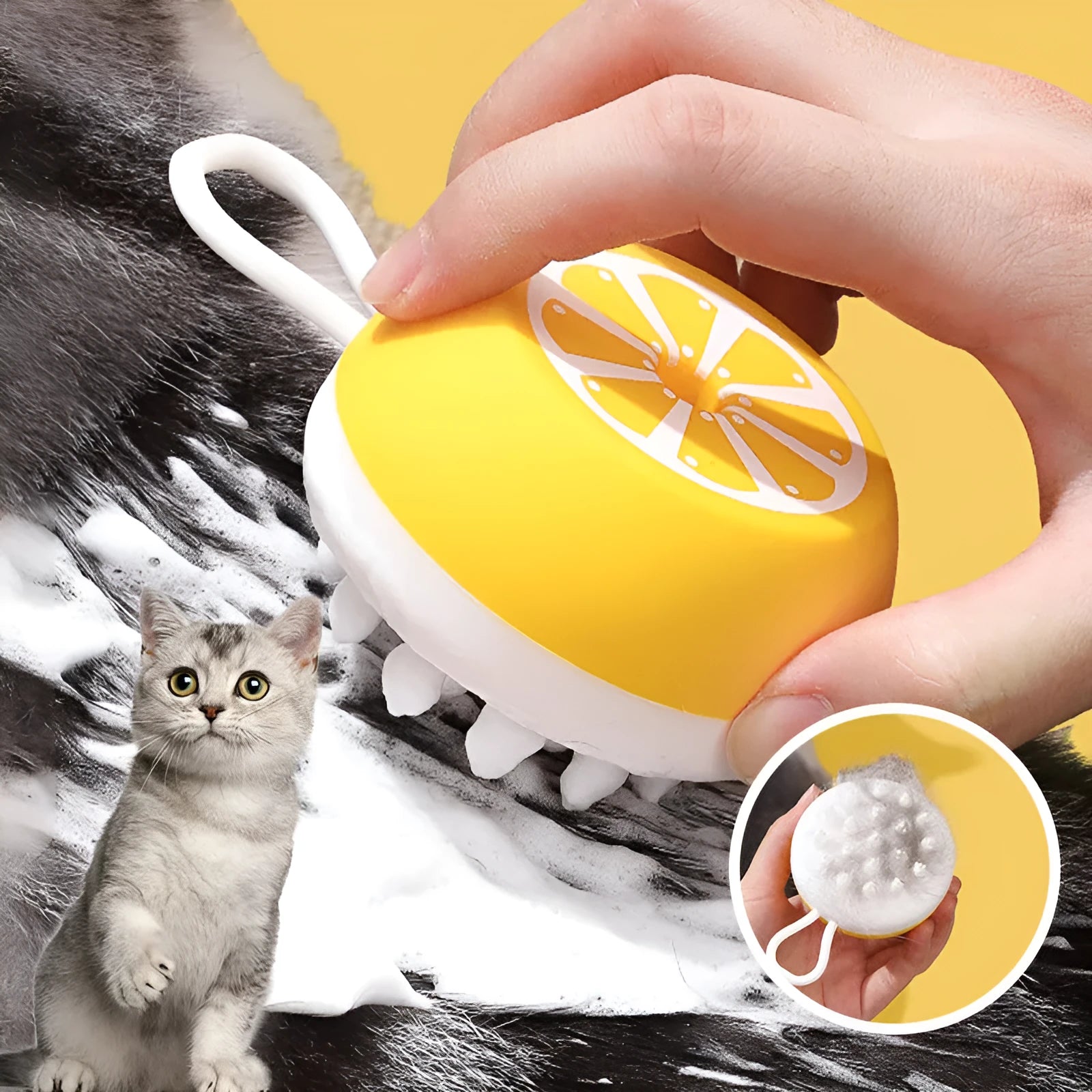 A yellow soft silicone pet bath brush with a 3D massage head on one side and a comb on the other, shown on a blue background.