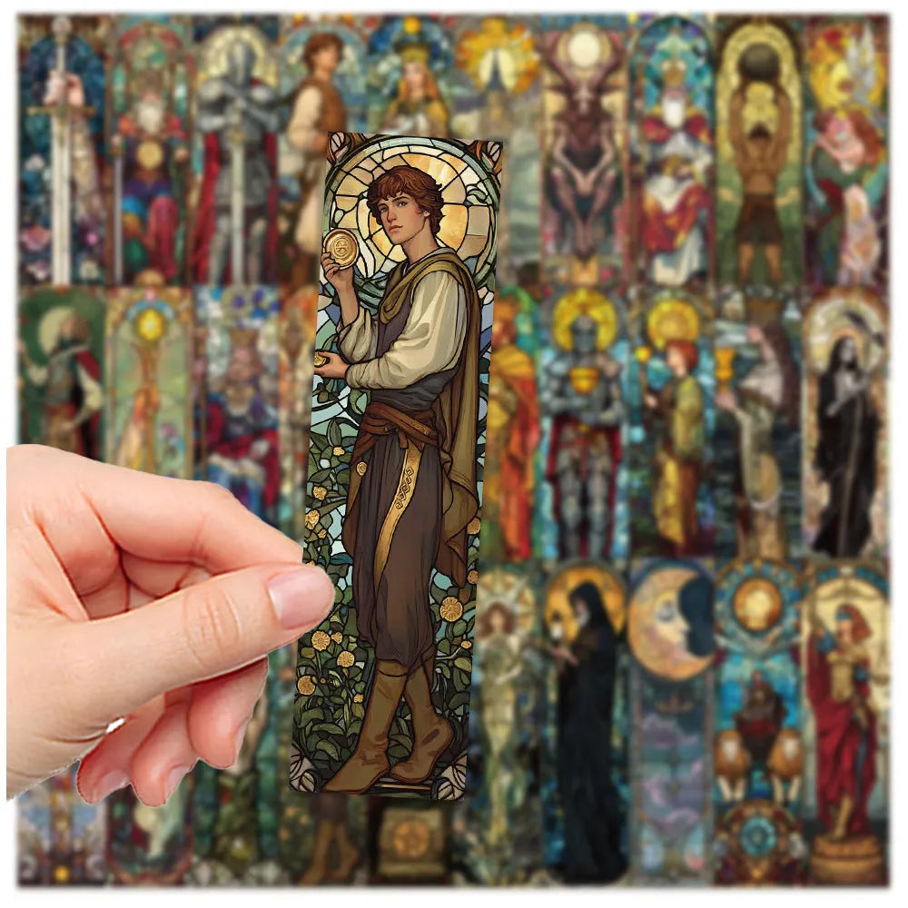 Set of 30 paper tarot bookmarks with painted glass designs in a cute homemade style.