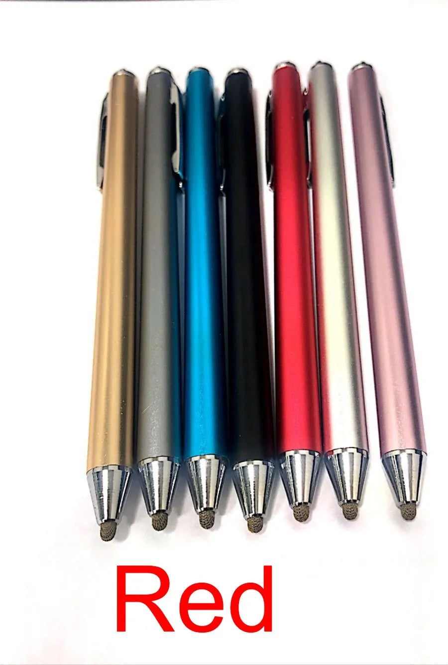 Metal-shell digital stylus for tablet and phone touch screens, shown in multiple colour options.