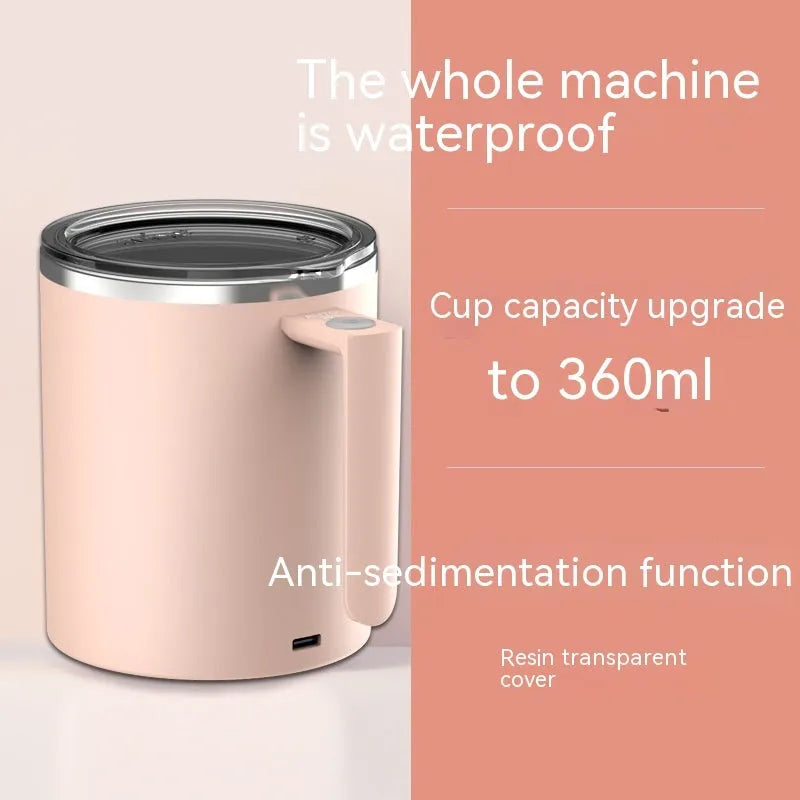 White automatic magnetic stirring coffee cup with 360ml capacity and stainless steel interior.