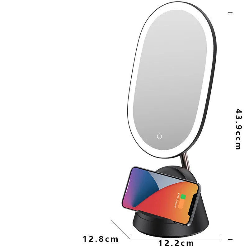White and black makeup mirror table lamp on desktop with international plug adapters