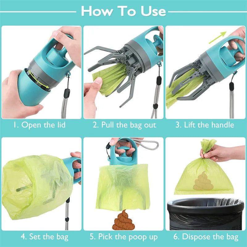 Blue plastic dog pooper scooper with claw mechanism and built-in bag dispenser