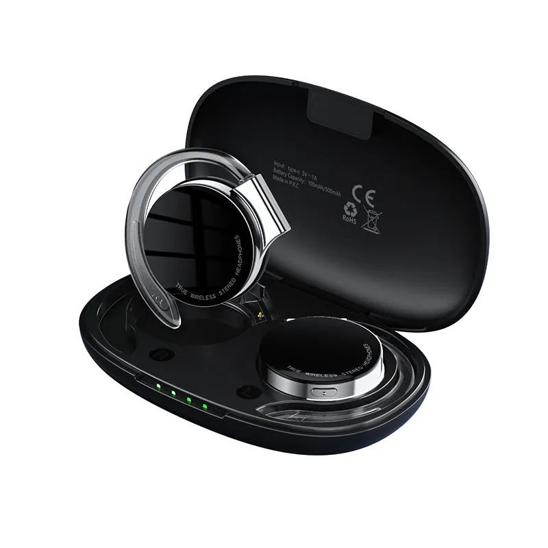 Black and white wireless sports Bluetooth earphones with ear plugs, shown with NFC and Bluetooth symbols.