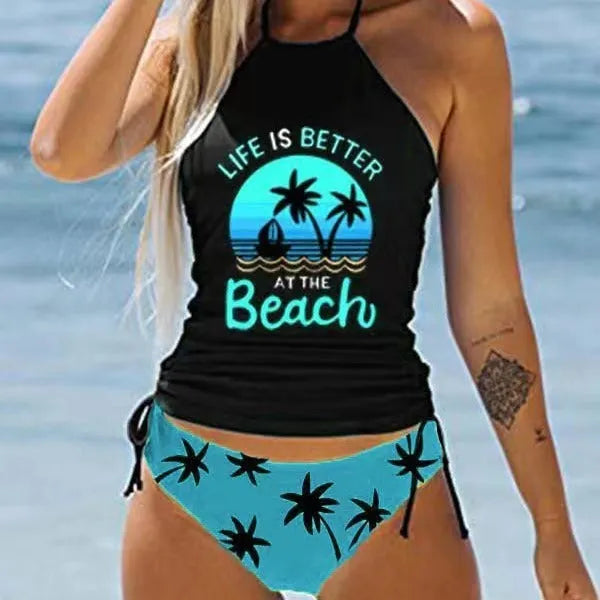 Colourful printed conservative style ladies swimsuit briefs with shorts lining on hanger