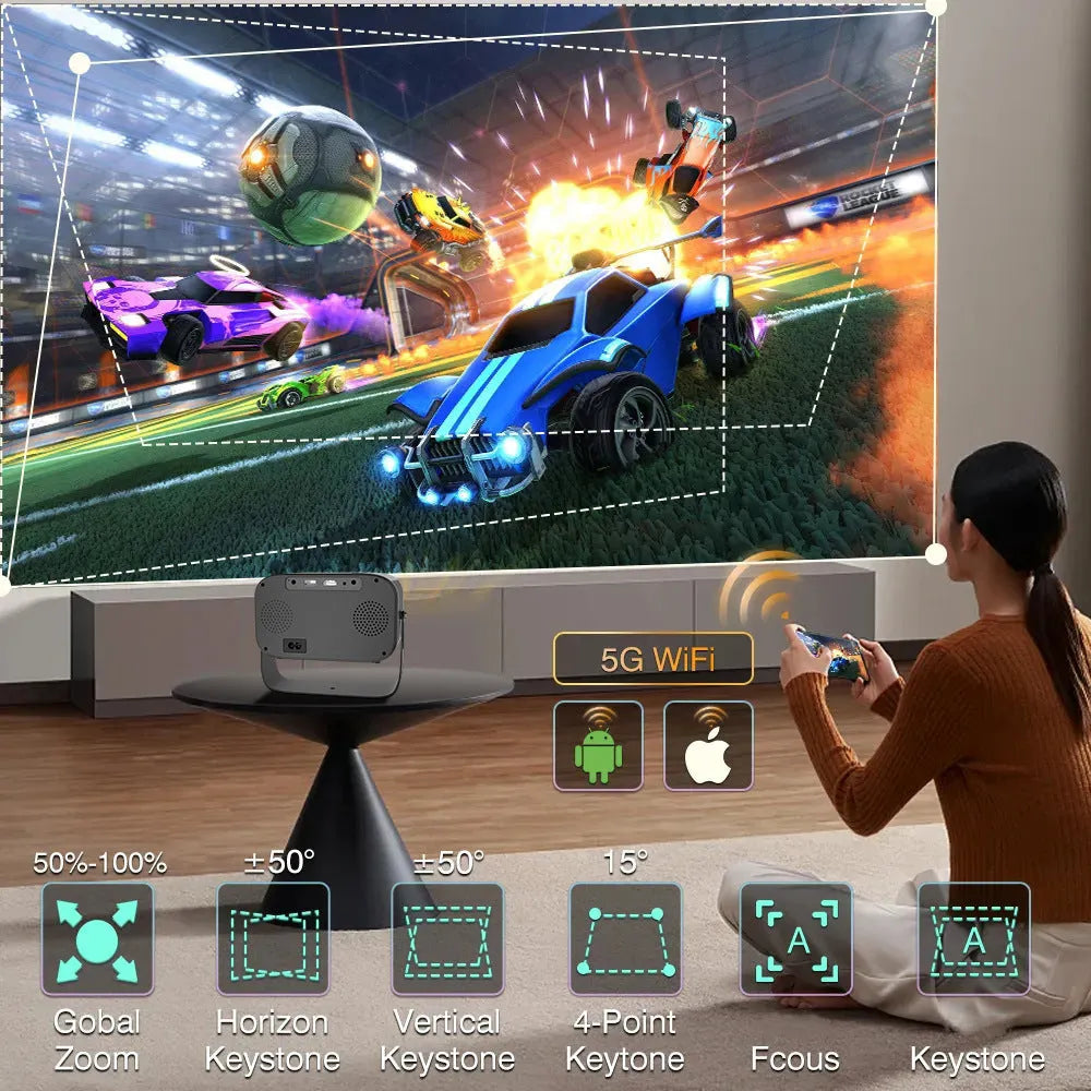 Black compact HD smart portable projector with remote control on a table.