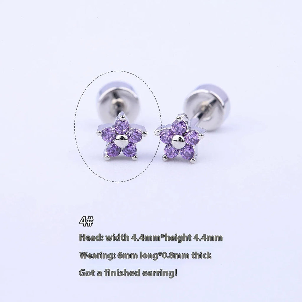 Titanium steel copper-plated gold micro inlaid zirconium five-petal plum flower ear studs in blue colour