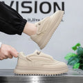 Men's and women's PU leather casual shoes with a thick sole in khaki, apricot, ivory white and black knight colours.