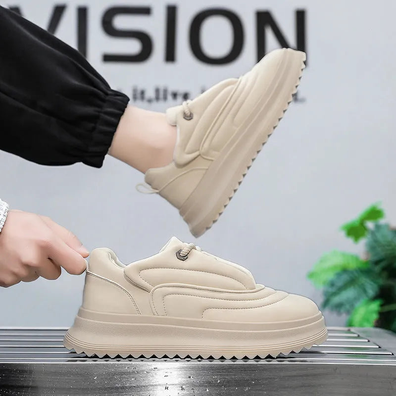 Men's and women's PU leather casual shoes with a thick sole in khaki, apricot, ivory white and black knight colours.