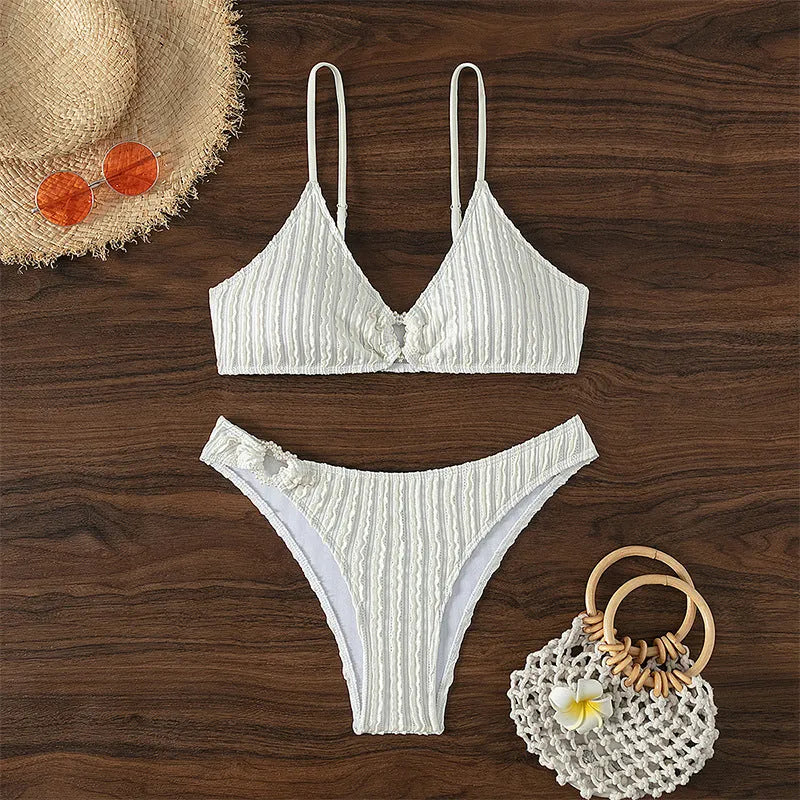 White women's V-neck sleeveless swimsuit with beach split shorts for swimming