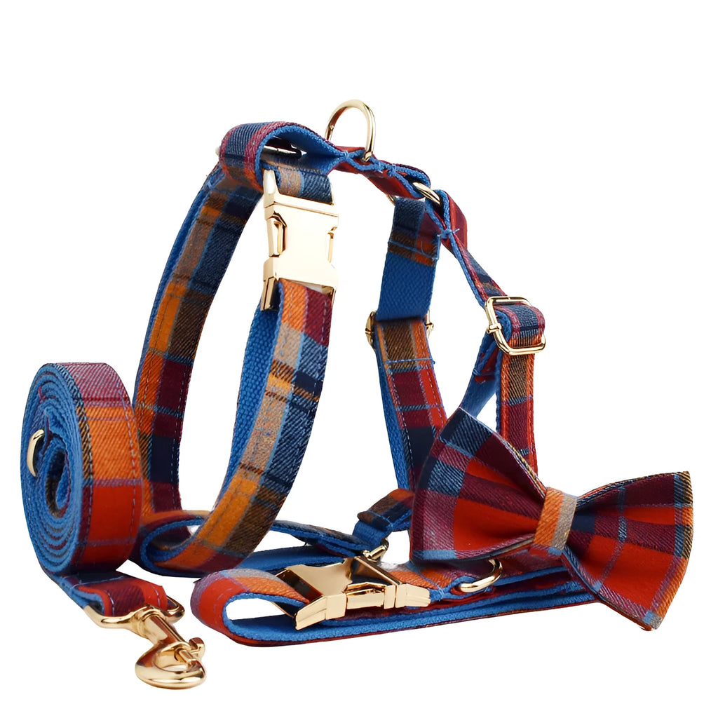 Four-piece dog collar set with matching bow tie, leash and vest in cloth material