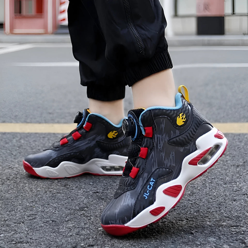 Children's rotating button basketball shoes in multiple colours with waterproof feature and PU sole
