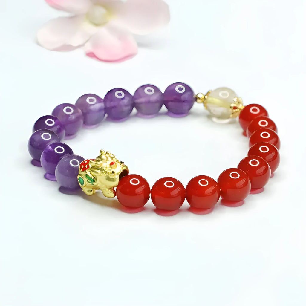 Women's amethyst and red agate bracelet with Chinese style design and 8mm stones
