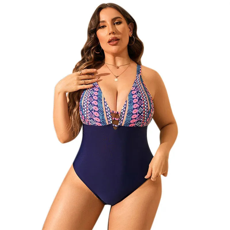 Leopard print plus size women's one-piece swimsuit with a V-neck