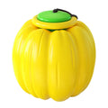 Pumpkin-shaped plastic dog chew toy with squeaker for small dogs in green, orange, yellow