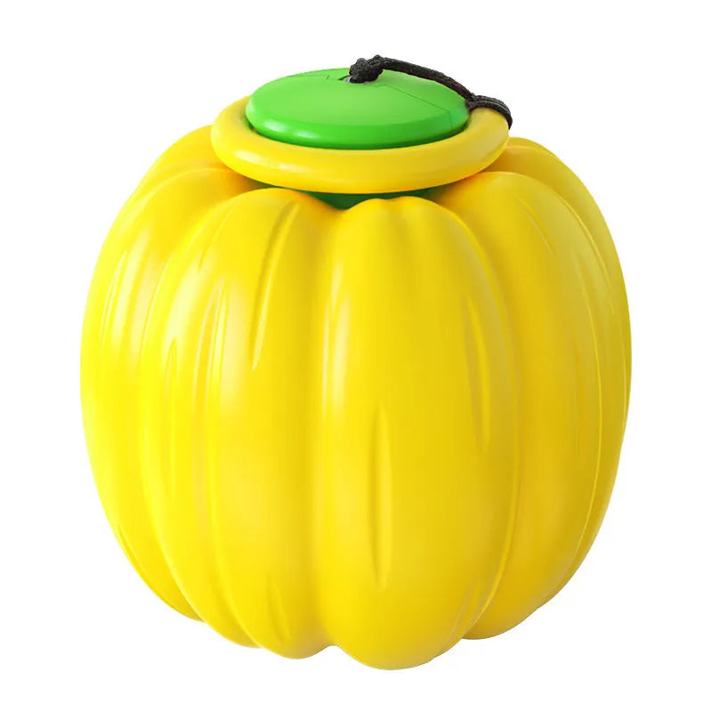 Pumpkin-shaped plastic dog chew toy with squeaker for small dogs in green, orange, yellow