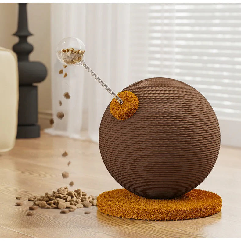 Hemp rope cat scratching board with self-grooming tumbler and cat grasping ball.