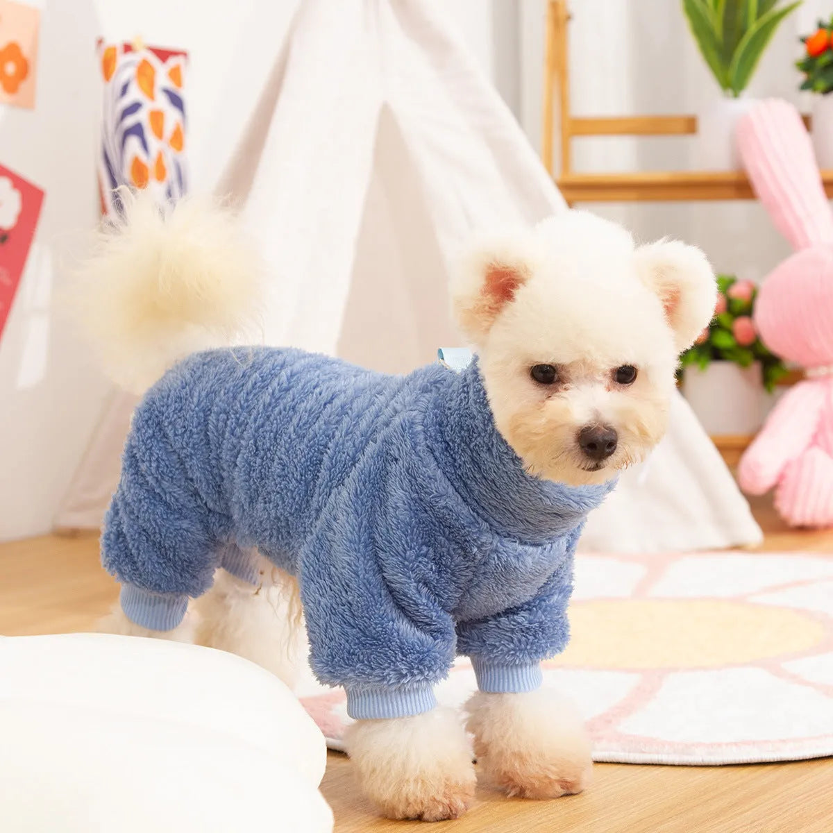 Double-sided plush dog winter clothes with high collar and towing ring in khaki, pink or blue colours