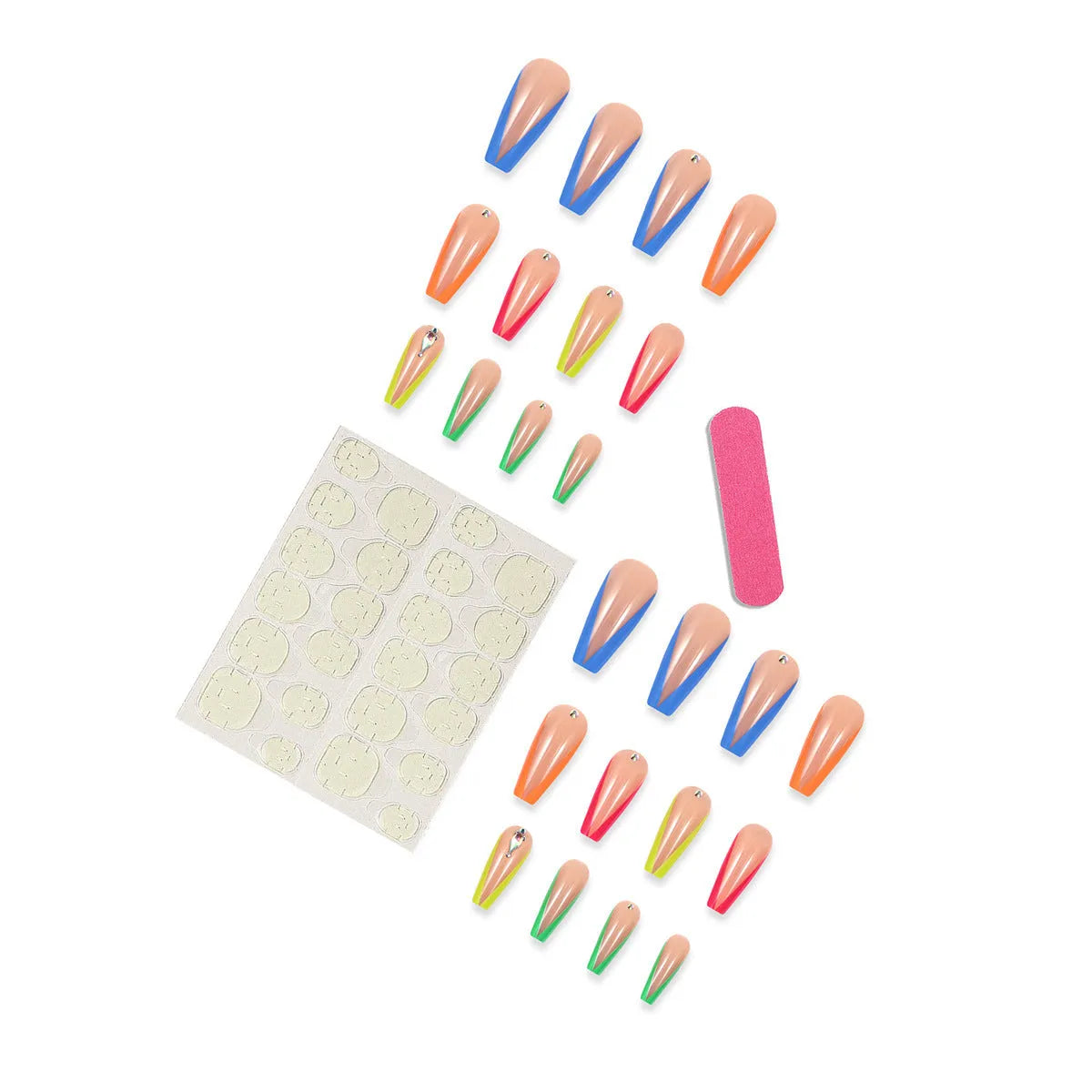 Diamond colour French false nail tips with red cartoon love hearts and black cross designs.