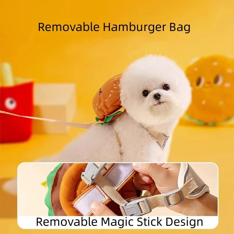 Cartoon hamburger design adjustable vest leash for a dog, showing the integrated rope and backpack-style harness.