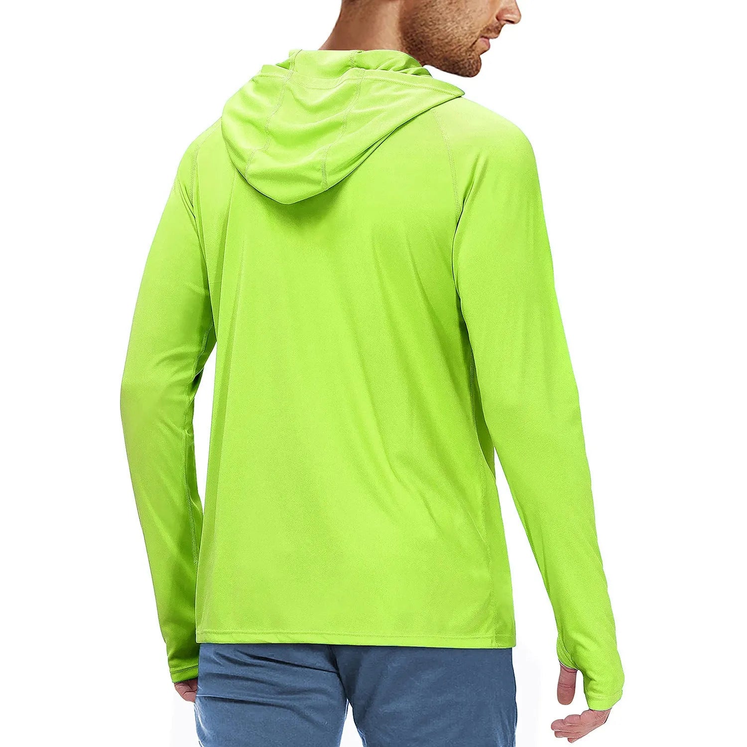 Man wearing a slim-fit hooded sun protection top in Army Green for outdoor fishing or cycling.