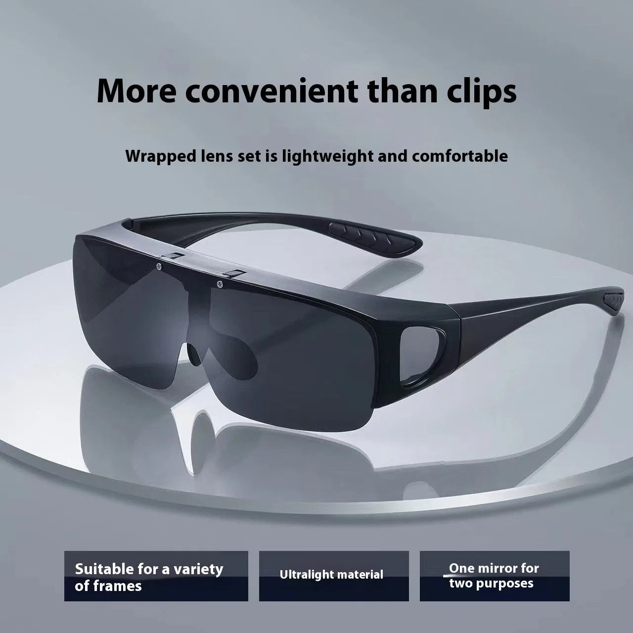 A pair of sporty one-piece polarised sunglasses for myopia, suitable for cycling and mountain climbing.
