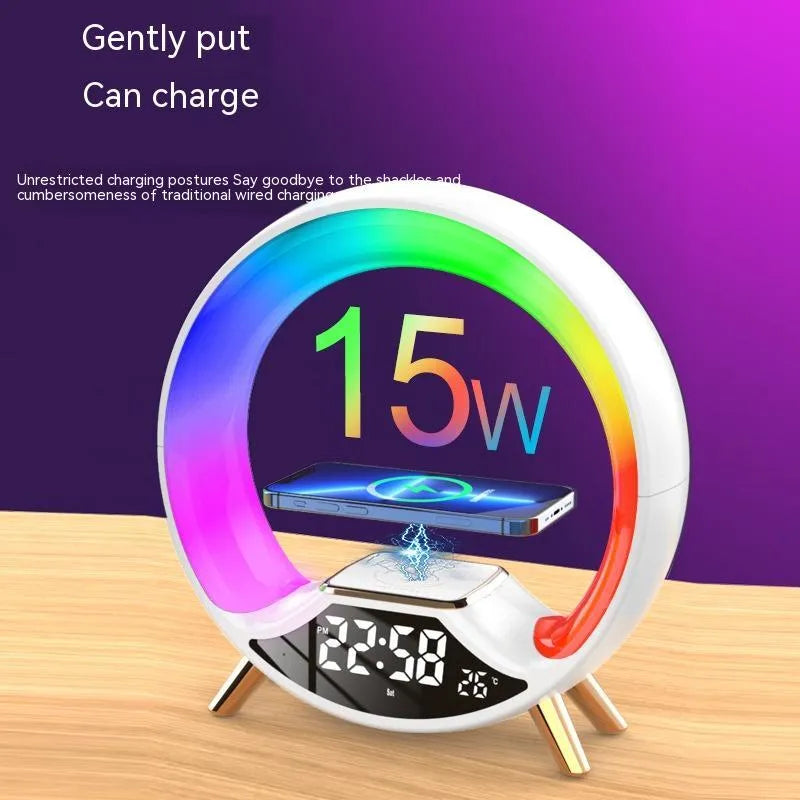 Multifunctional wireless charging bedside lamp with Bluetooth speaker, digital clock display and adjustable lighting