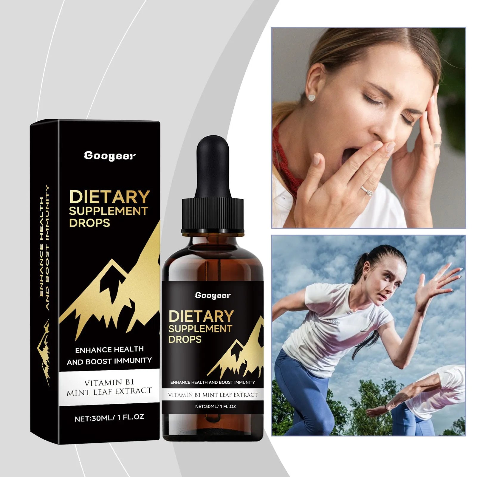 30 ml glass bottle of vitamin C and E dietary supplement drops with a dropper top.
