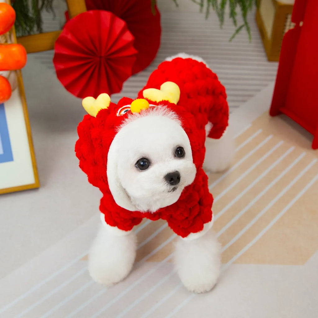 Red Little Dragon cartoon design pet jacket in double-sided velvet material showing size options from S to XXL