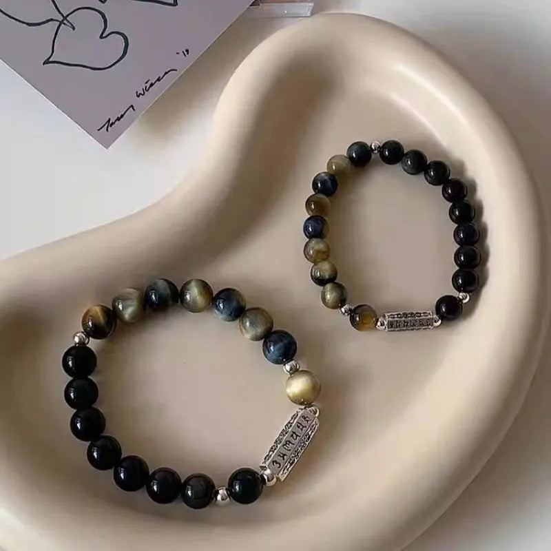 Tigereye Obsidian S925 sterling silver couple bracelet set with Chinese style geometric design