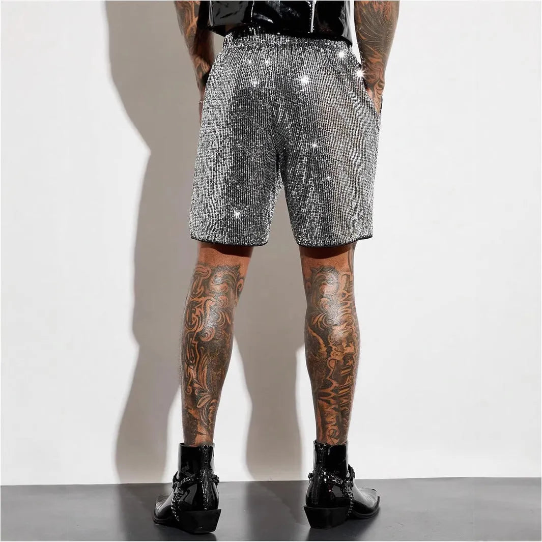 Men's silver sequin straight cut shorts with elastic waistband on mannequin display