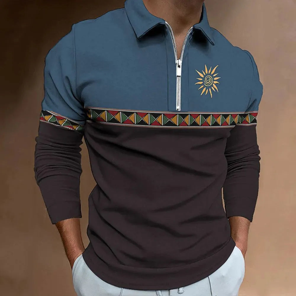 Men's striped loose-fit long sleeve t-shirt with retro colour printing and zipper detail on sleeve.