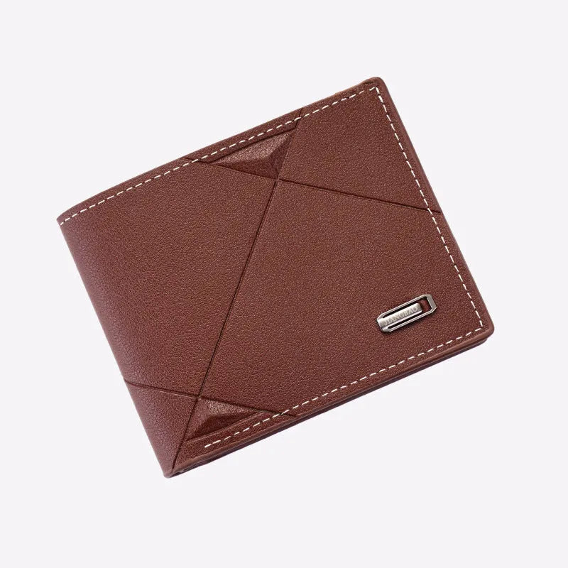 Men's black three-fold horizontal PU leather wallet showing multiple card slots.