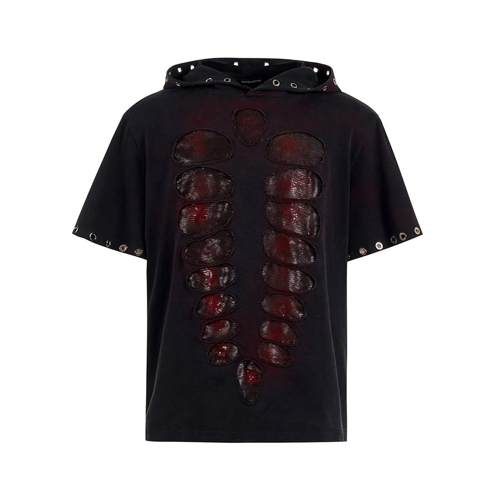 Black hooded short-sleeved T-shirt with sequin decoration in loose-fitting men's cut