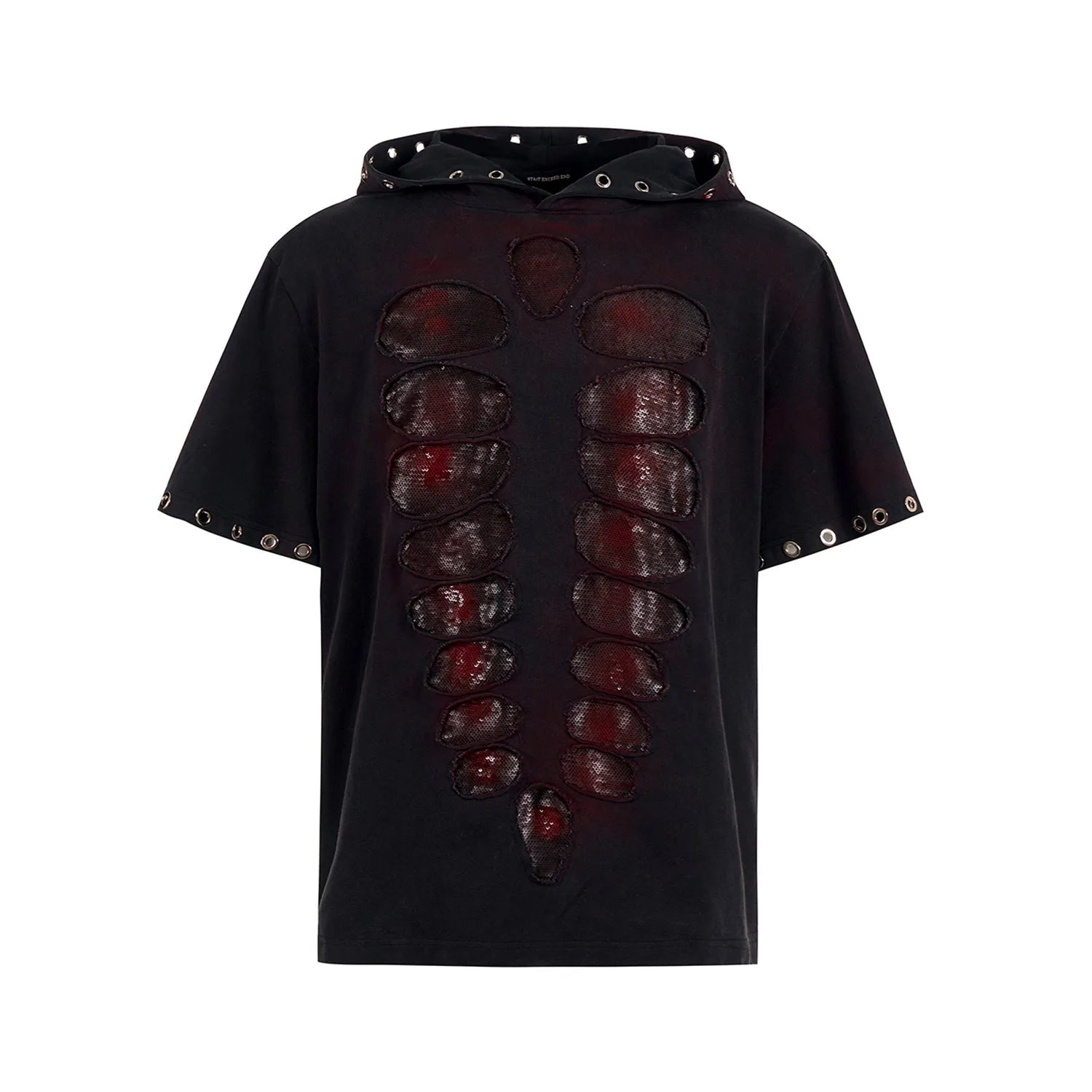 Black hooded short-sleeved T-shirt with sequin decoration in loose-fitting men's cut