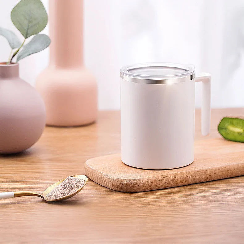 White automatic magnetic stirring coffee cup with 360ml capacity and stainless steel interior.