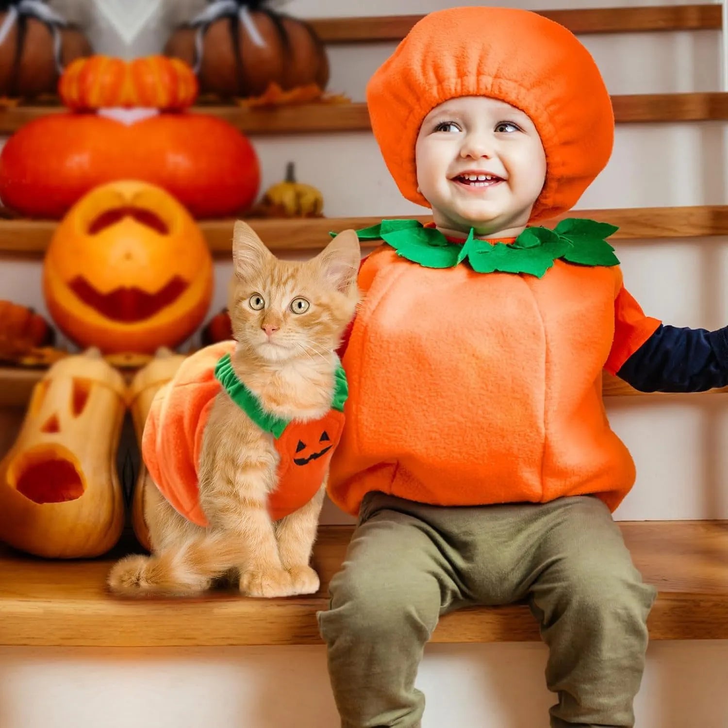 Orange plush pumpkin Halloween costume on small dog with pullover design