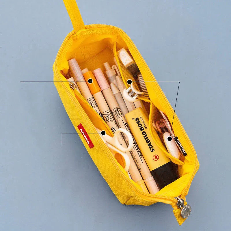 Oxford cloth pencil case with double zippers in yellow, black or dark blue colours for stationery storage