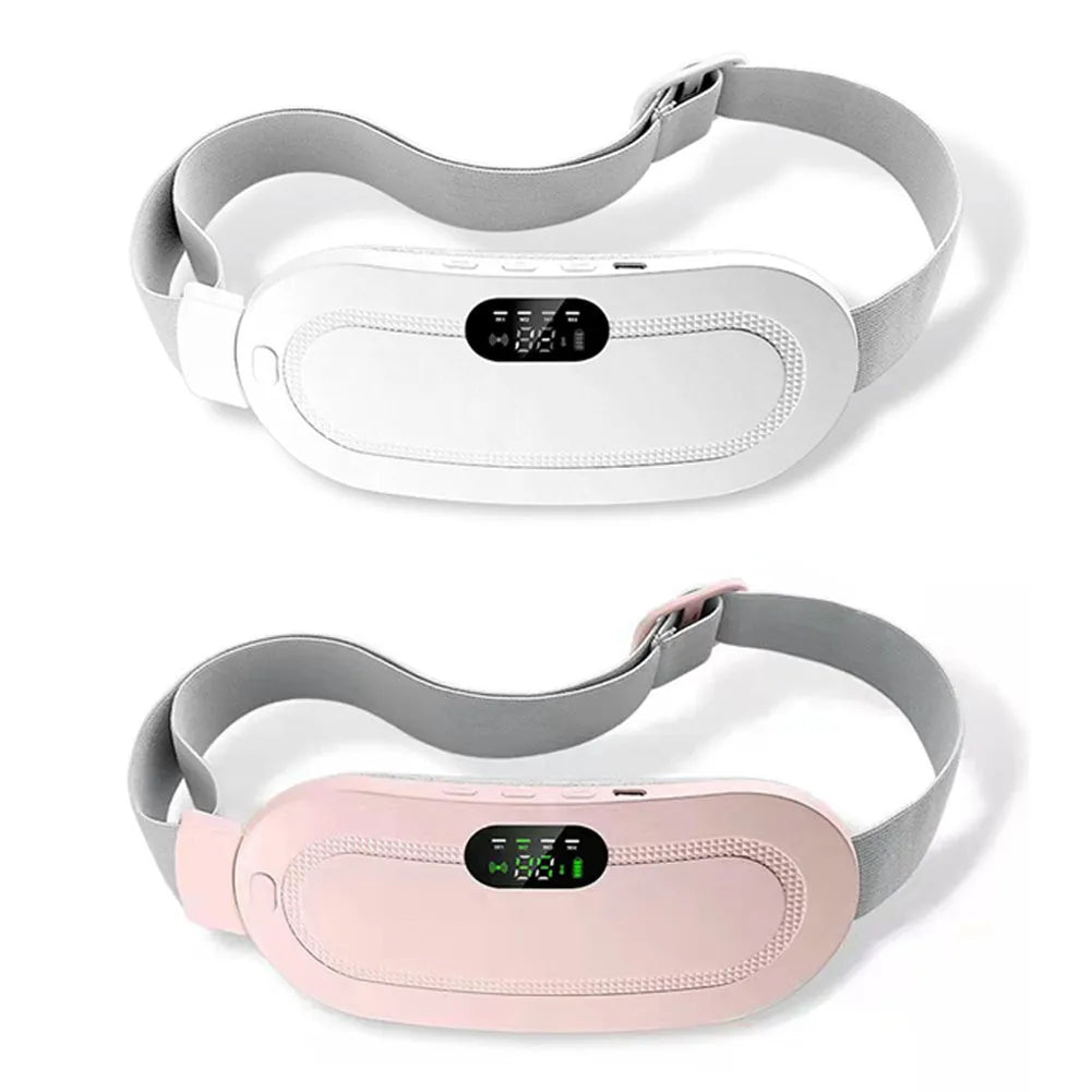 Pink electric menstrual heating pad with controller showing temperature display and vibration settings