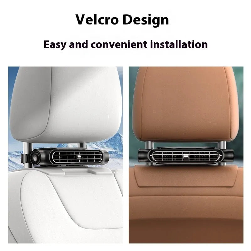 USB plug-in car seat fan with velcro straps, shown in beige colour, mounted on a car headrest.