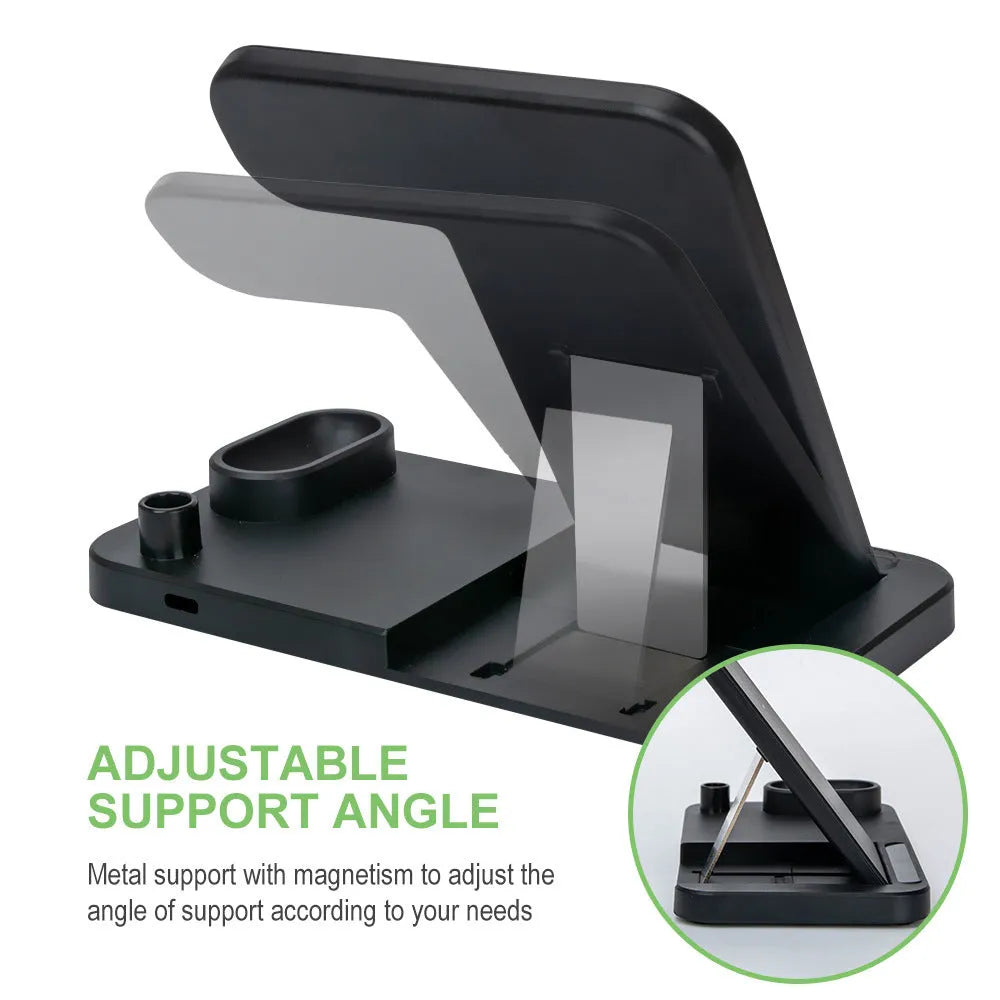 Black foldable 4-in-1 wireless charger showing MagSafe spot for iPhone and Apple Pencil charger, with EU UK US plug options.