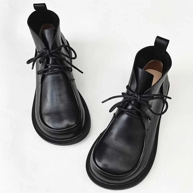 Women's big toe ankle boots in black, pure leather high-top with hollow-out pattern, rubber sole