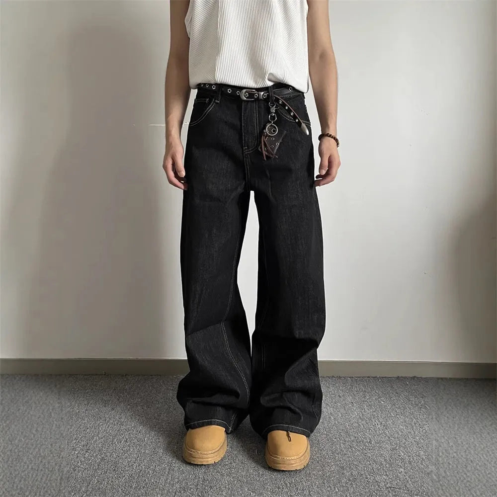 Black loose wide-leg straight-leg jeans with retro style and mid-waist zip closure