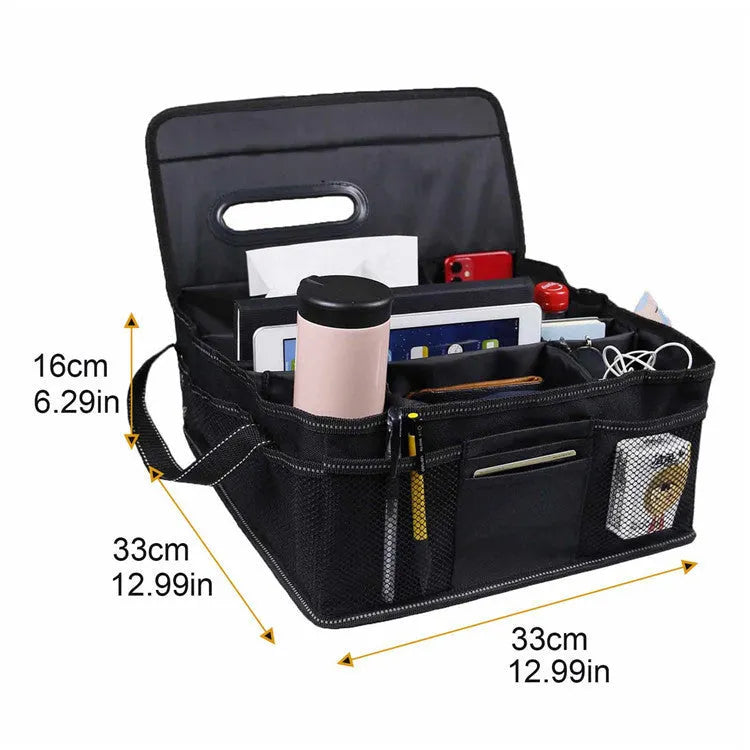 Black Oxford cloth car storage box with dimensions 33x33x16cm for vehicle boot organisation