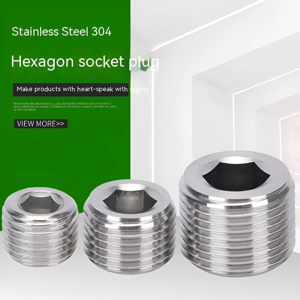 Stainless steel hexagon plug for 3/8 inch pipe bulkhead fitting on a white background