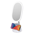 White and black makeup mirror table lamp on desktop with international plug adapters