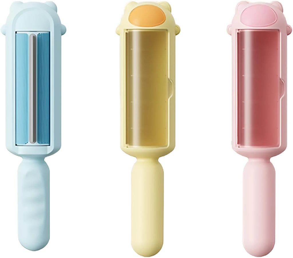 Blue reusable pet hair remover tool with self-cleaning base for furniture and car seats